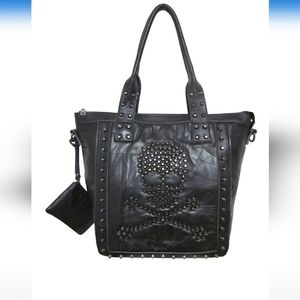 Black crossbones leather tote